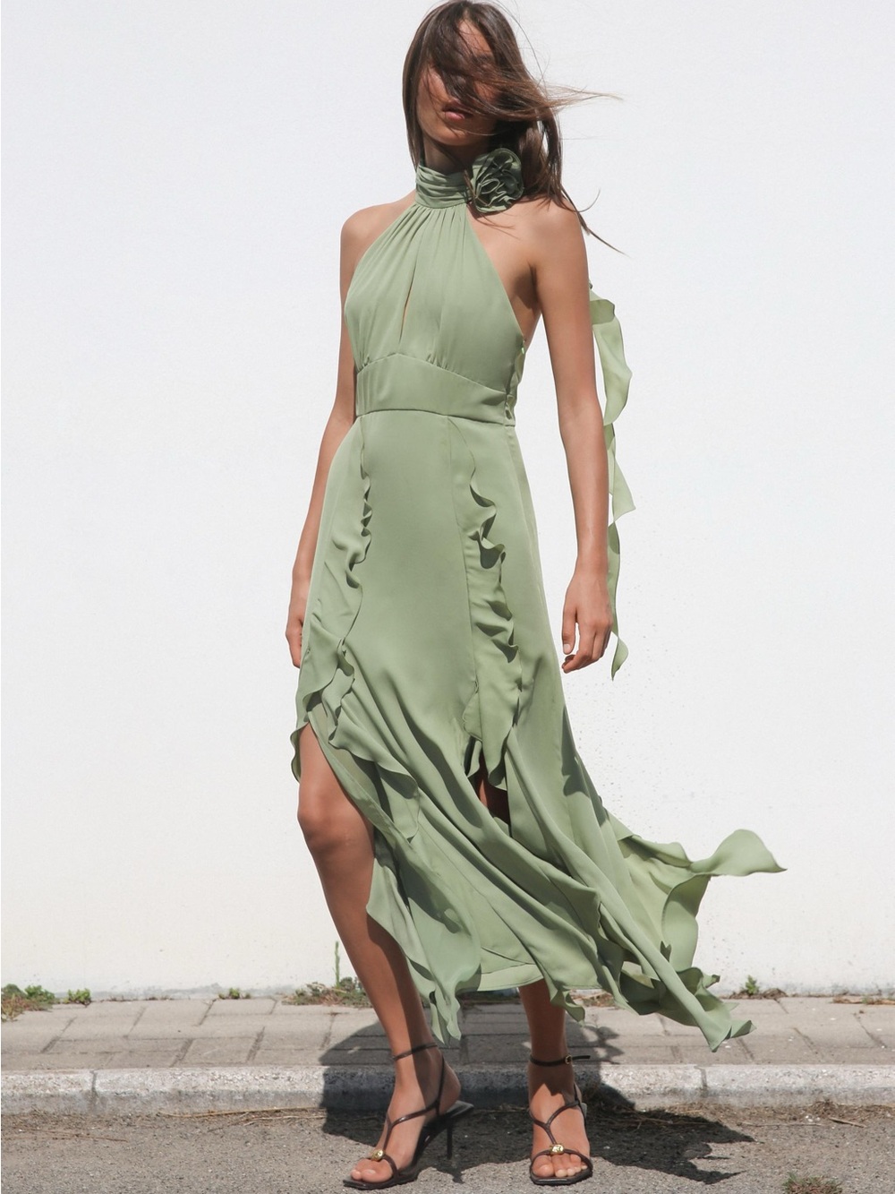 Zara Halter Neck Dress With Floral Ruffles